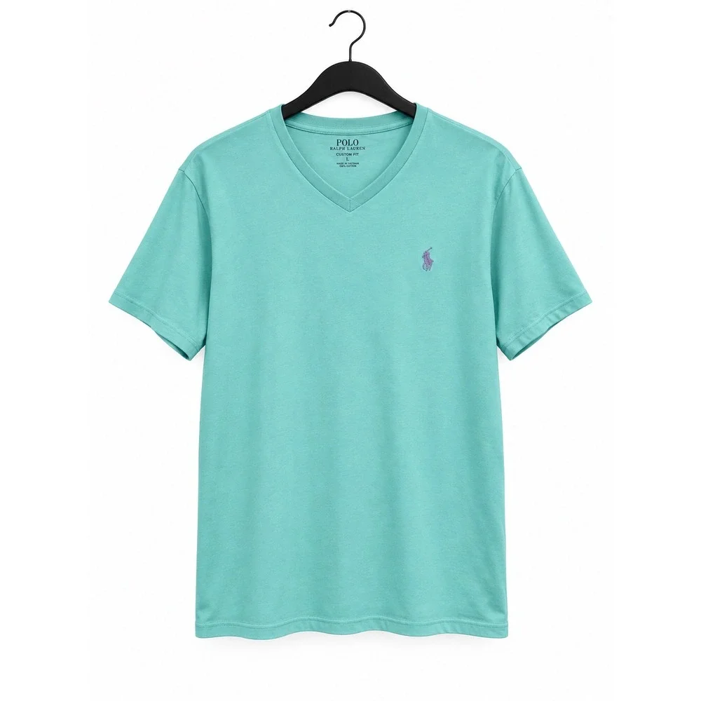 Polo Ralph Lauren Mens Large V-Neck T-Shirt Mint Green Pink Pony Custom Fit Tee
